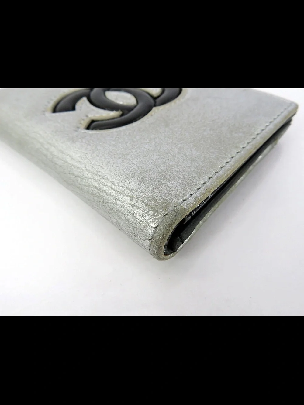 CHANEL Silver Card Case with Black Interlocking CC